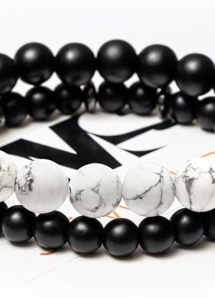 Shungite, cacholong, hematite double bracelet for men or women, men's white style3 photo