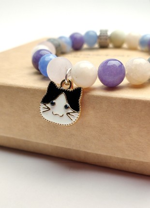 Bracelet with natural minerals and pendants "Kitty and bird"3 photo
