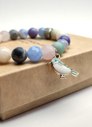 Bracelet with natural minerals and pendants "Kitty and bird"4 photo
