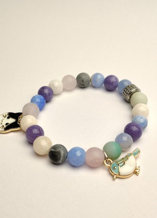 Bracelet with natural minerals and pendants "Kitty and bird"5 photo
