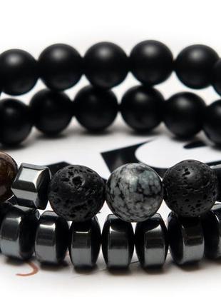 Shungite, obsidian, lava, tigers eye, hematite double bracelet moderation grey3 photo