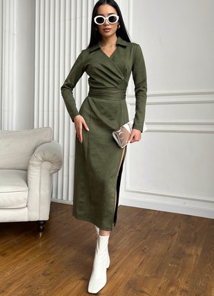 Elegant khaki faux suede midi dress1 photo