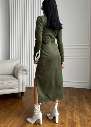 Elegant khaki faux suede midi dress3 photo