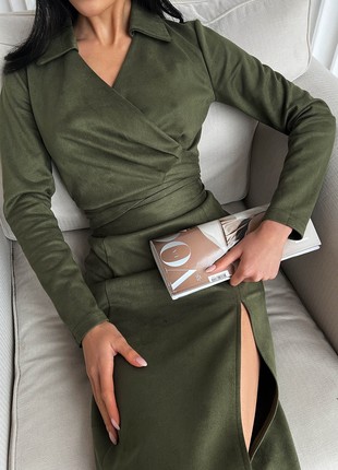 Elegant khaki faux suede midi dress2 photo