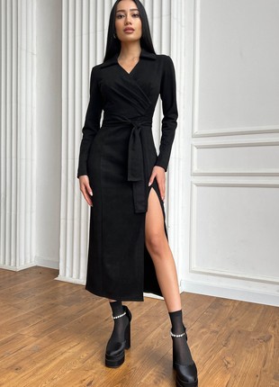 Elegant midi dress made of artificial suede in black color