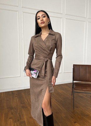 Elegant midi dress made of faux suede in cappuccino color8 photo