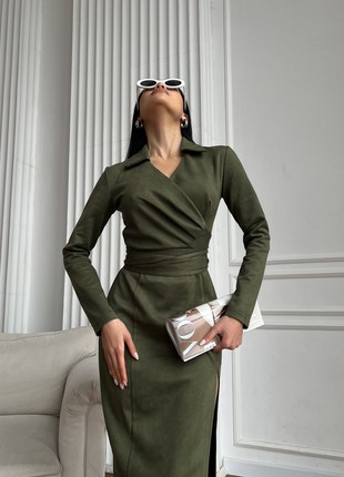 Elegant khaki faux suede midi dress6 photo