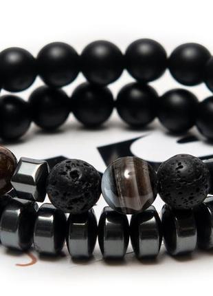 Shungite, agate, lava, tigers eye, hematite double bracelet moderation black3 photo