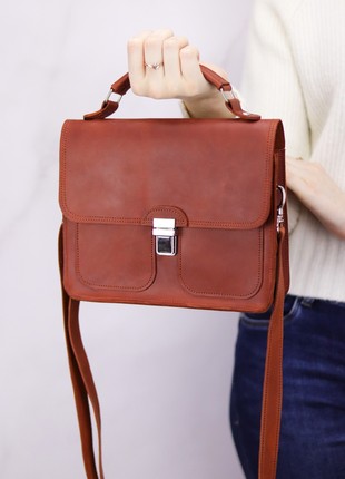 Women's leather briefcase bag with top handle and shoulder strap / Brown - 1023