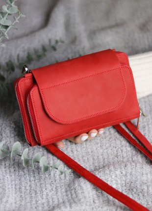 Small leather crossbody bag wallet for women / Red phone bag / 1022