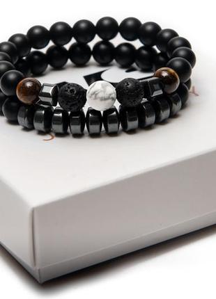 Shungite, cacholong, lava, tigers eye, hematite double bracelet moderation white2 photo