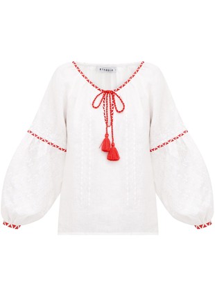 Linen blouse with red and white embroidery Elin7 photo