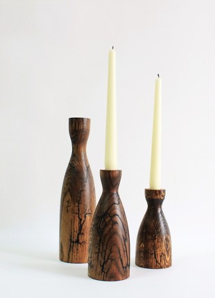 Handmade candlesticks set of 3, decorative rustic wood candle holder/vase