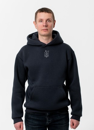 Men's hoodie with embroidery "Ukrainian coat of arms and nightingale" graphite