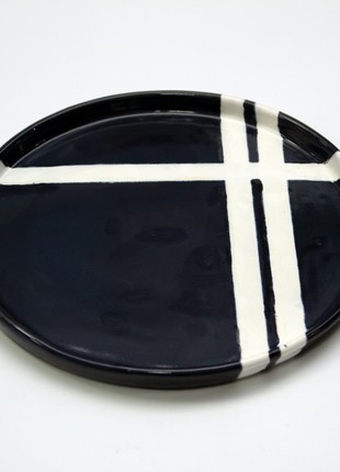 Hand-made dish with flat sides of black color with white stripes2 photo