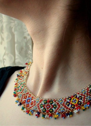 Ukrainian traditional necklace Beaded collar Silyanka Seed bead gerdan Gold necklace1 photo