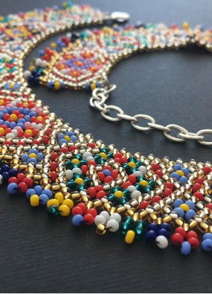 Ukrainian traditional necklace Beaded collar Silyanka Seed bead gerdan Gold necklace5 photo