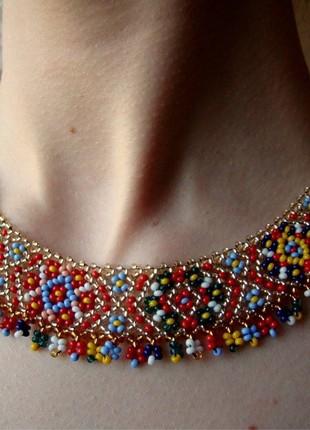 Ukrainian traditional necklace Beaded collar Silyanka Seed bead gerdan Gold necklace4 photo