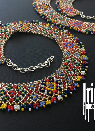 Ukrainian traditional necklace Beaded collar Silyanka Seed bead gerdan Gold necklace2 photo