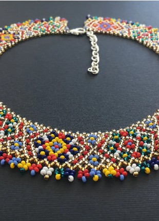 Ukrainian traditional necklace Beaded collar Silyanka Seed bead gerdan Gold necklace3 photo