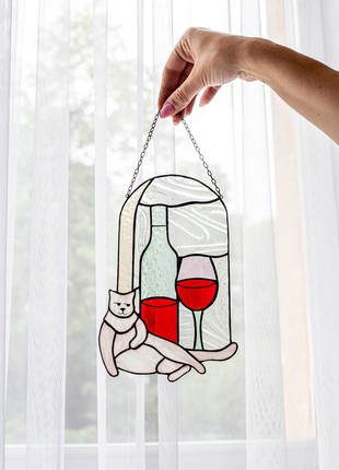Lazy cat with wine Funny Suncatcher Stained Glass Decor Home House Window Wall Hangings