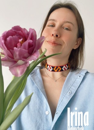Ukraine bead Red stripe gerdan Bead choker Ribbon necklace with geometric Bukovyna pattent9 photo