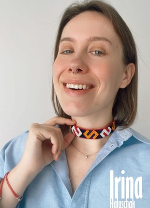 Ukraine bead Red stripe gerdan Bead choker Ribbon necklace with geometric Bukovyna pattent3 photo