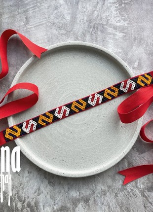Ukraine bead Red stripe gerdan Bead choker Ribbon necklace with geometric Bukovyna pattent4 photo