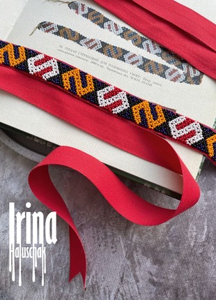 Ukraine bead Red stripe gerdan Bead choker Ribbon necklace with geometric Bukovyna pattent2 photo