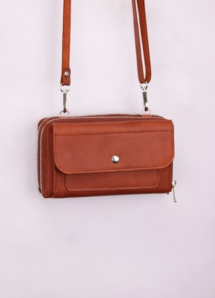 Women's leather crossbody zipper bag for mobile phone and money / Brown - 10299 photo