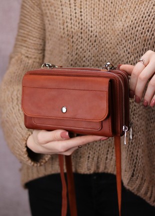 Women's leather crossbody zipper bag for mobile phone and money / Brown - 10295 photo