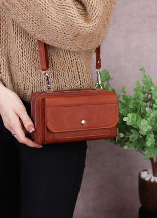 Women's leather crossbody zipper bag for mobile phone and money / Brown - 10293 photo