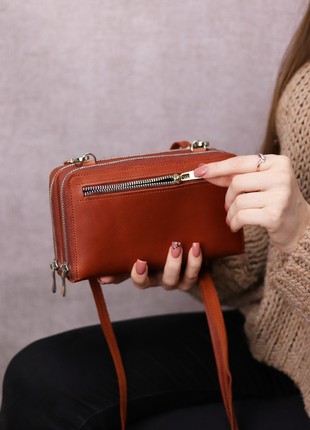 Women's leather crossbody zipper bag for mobile phone and money / Brown - 10296 photo