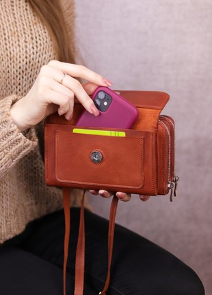 Women's leather crossbody zipper bag for mobile phone and money / Brown - 10294 photo