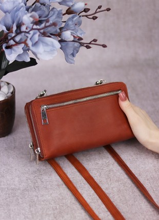 Women's leather crossbody zipper bag for mobile phone and money / Brown - 10298 photo