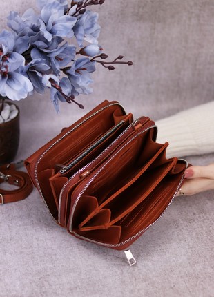 Women's leather crossbody zipper bag for mobile phone and money / Brown - 10297 photo