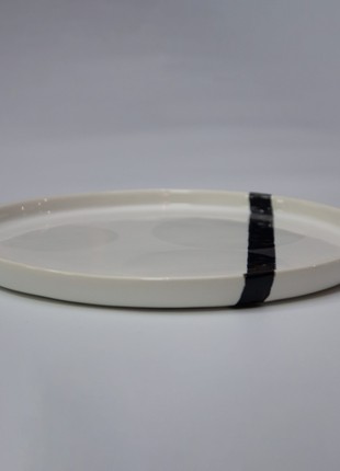 Hand-made dish with flat sides of white color with black stripe3 photo