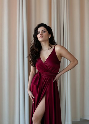 Long  burgundy red prom dress with slit / Beach wedding guest dress / Spaghetti strap red wedding dress / Bridesmaid dress burgundy red7 photo