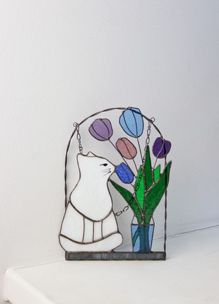 Cute cat with flowers Suncatcher Stained Glass Decor Home House Window Wall Hangings