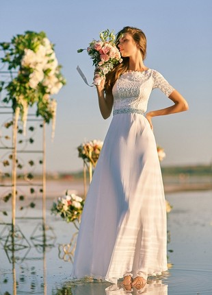 Long sleeve lace wedding dress / Wedding reception dress / Simple civil wedding dress
