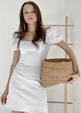 White crinkled mini dress with square neckline shtoyko