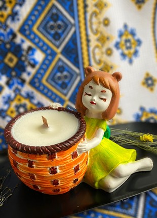 Soy candle in a cache-pot - a girl with a basket2 photo