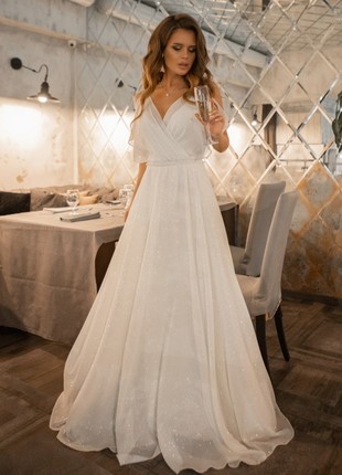 White wedding long chiffon dress / Sparkly wedding dress with short sleeve3 photo