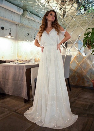 White wedding long chiffon dress / Sparkly wedding dress with short sleeve2 photo