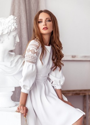 Long sleeve white mini dress / Short white bridal shower dress