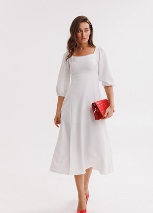 White dress with slit and square neckline / Tea length wedding dress2 photo