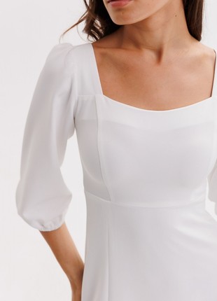 White dress with slit and square neckline / Tea length wedding dress3 photo