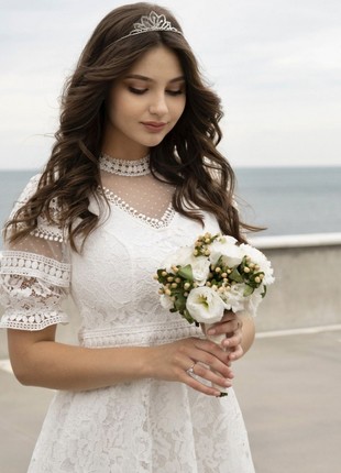 Elegant white cocktail lace dress with lace sleeves