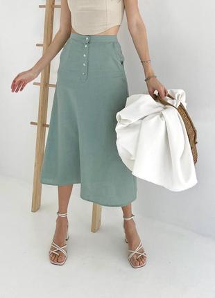 Mint linen midi a-line skirt with pockets shtoyko4 photo