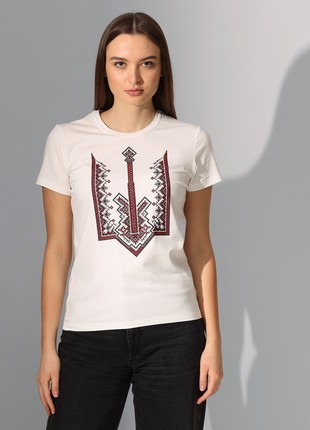 Women's t-shirt of milk colour with embroidery - "Trident with a cross1 photo
